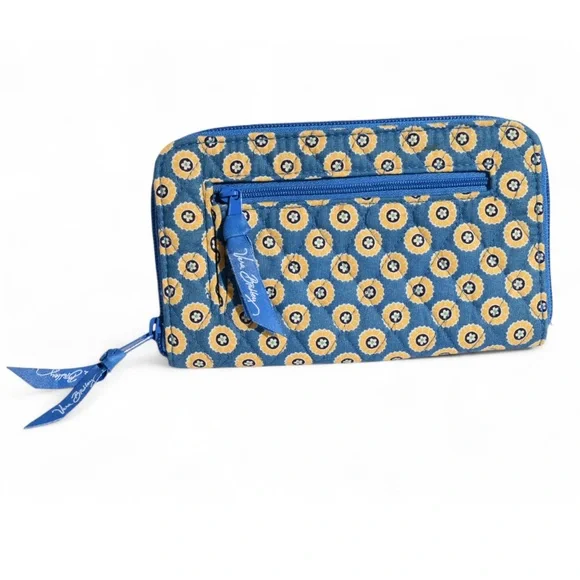 VERA BRADLEY Zip Around Wallet Wristlet Riviera Blue and Yellow Floral - Picture 1 of 7